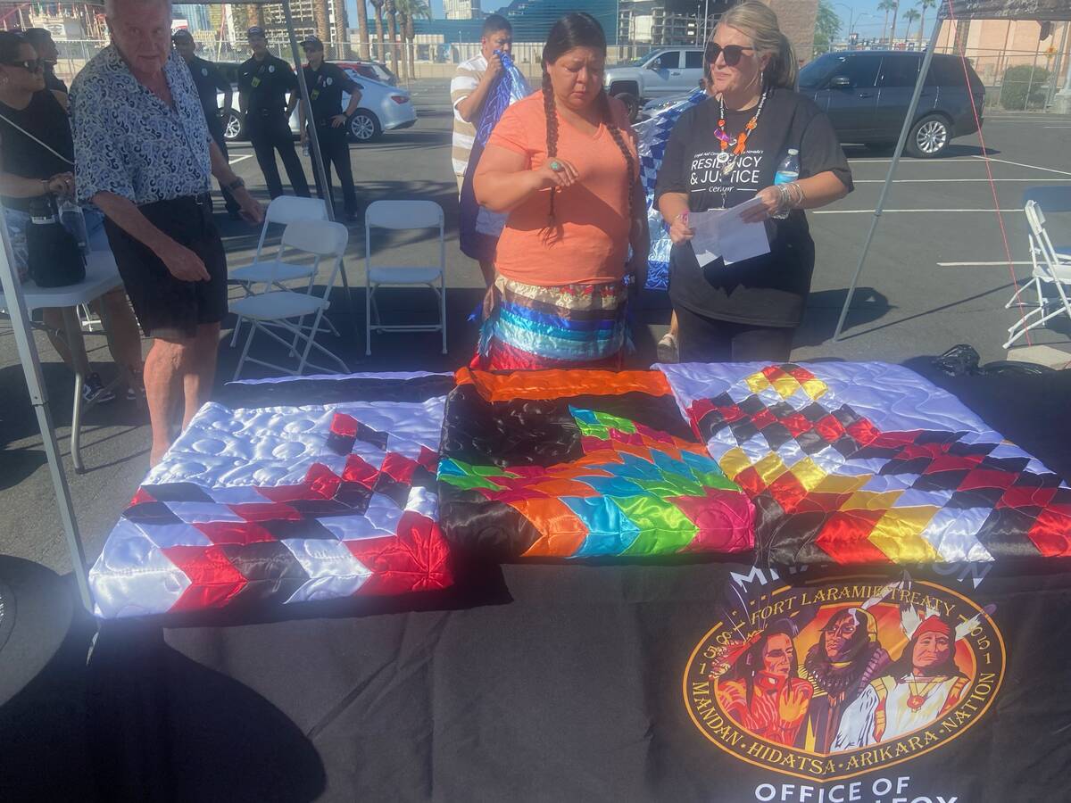 Dawn White, left, of MHA tribes and a Route 91 survivor, and Lorea Arostegui from the Resilienc ...