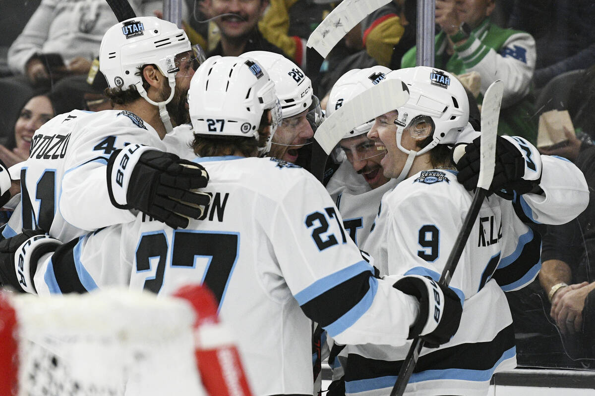 The Utah Hockey Club celebrates their fourth goal against the Vegas Golden Knights during the f ...