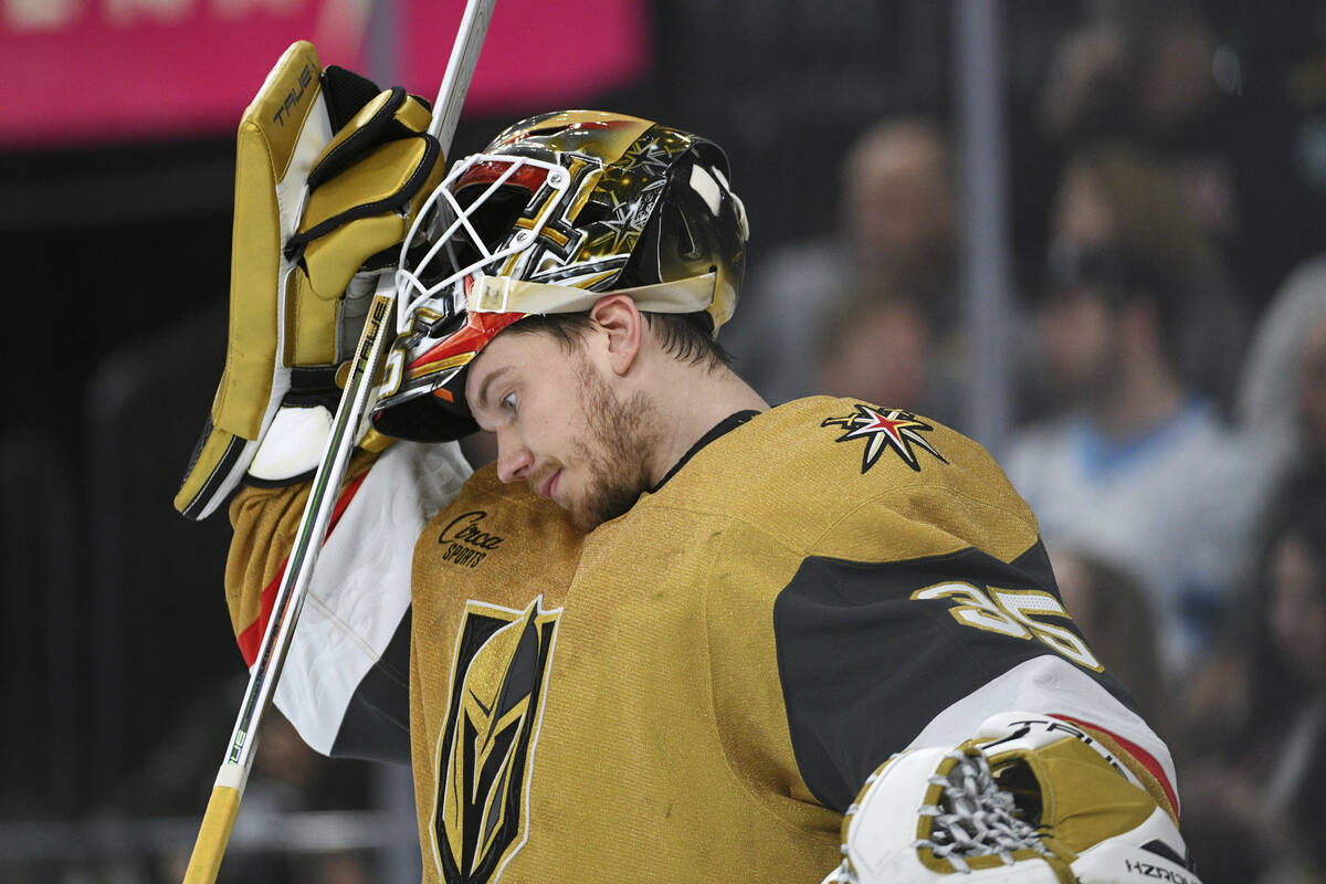 Vegas Golden Knights goaltender Ilya Samsonov (35) puts his helmet on during the third period o ...