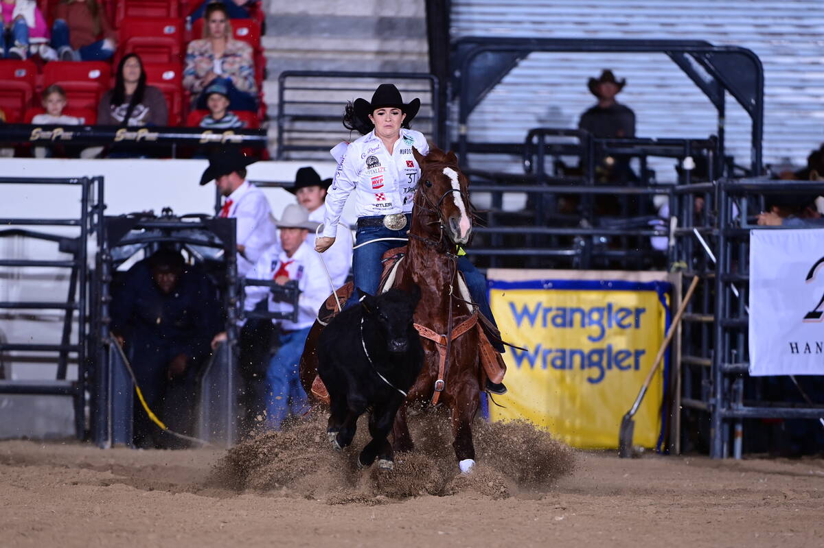 Shelby Boisjoli-Meged competes during the 2023 NFBR at the South Point. (WPRA photo by Rodeobum ...