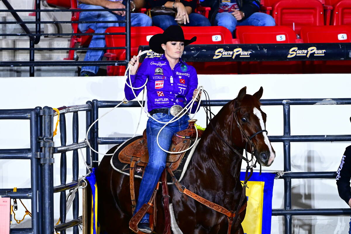 Shelby Boisjoli-Meged competes during the 2023 NFBR at the South Point. (WPRA photo by Rodeobum ...