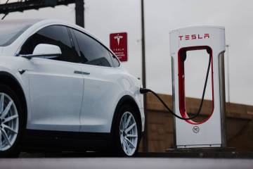 An electric vehicle charging station at the Las Vegas North Premium Outlets. (File Photo)