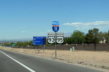 FILE - An Interstate 11 road sign on in Henderson on April 21, 2024. (Mick Akers/Las Vegas Revi ...