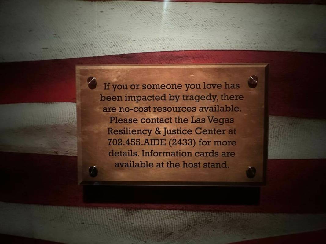 A plaque at a display honoring survivors from the mass shooting at the Oct. 1, 2-17 Route 91 Ha ...