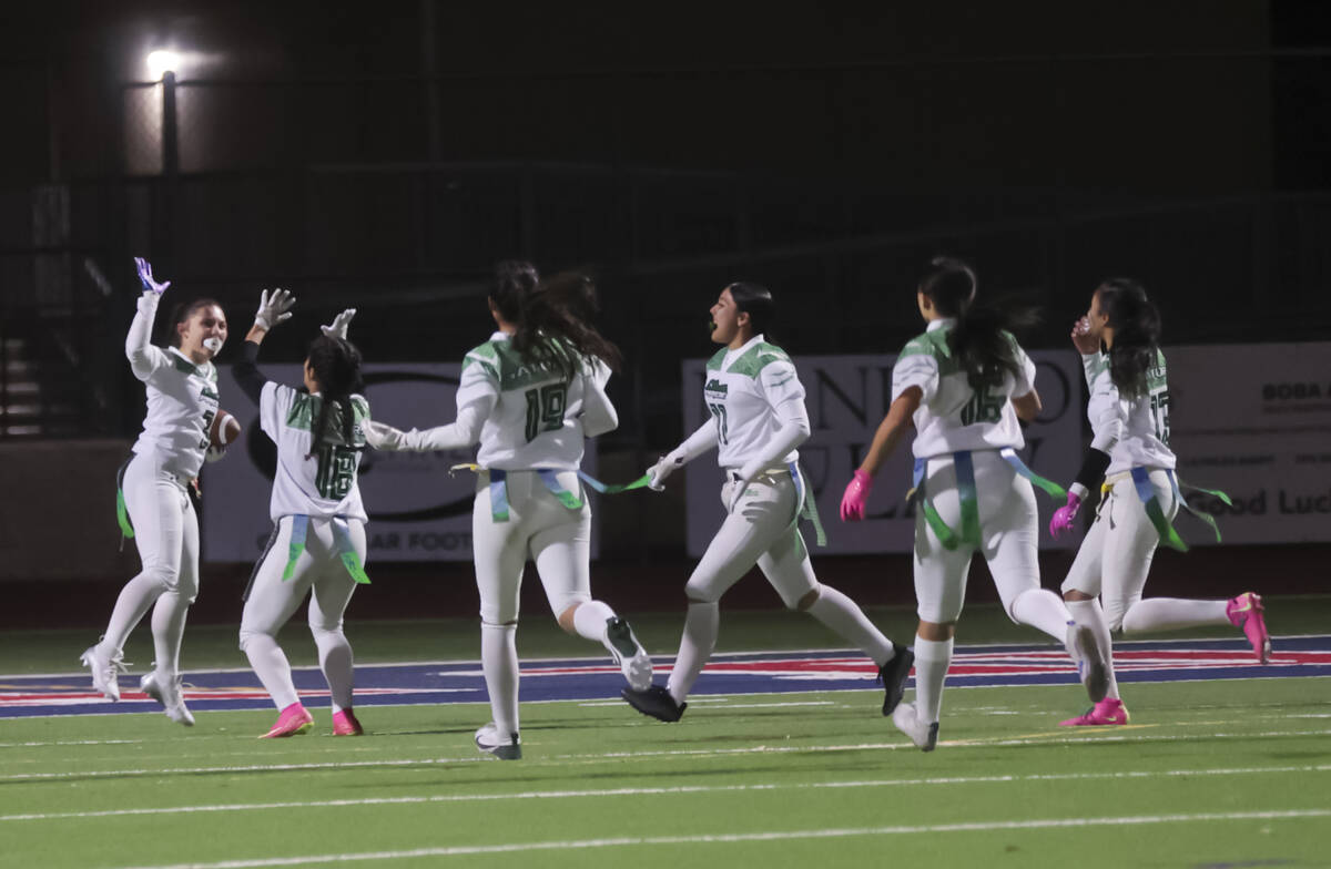 Green Valley celebrates their touchdown during a flag football game at Coronado High School on ...