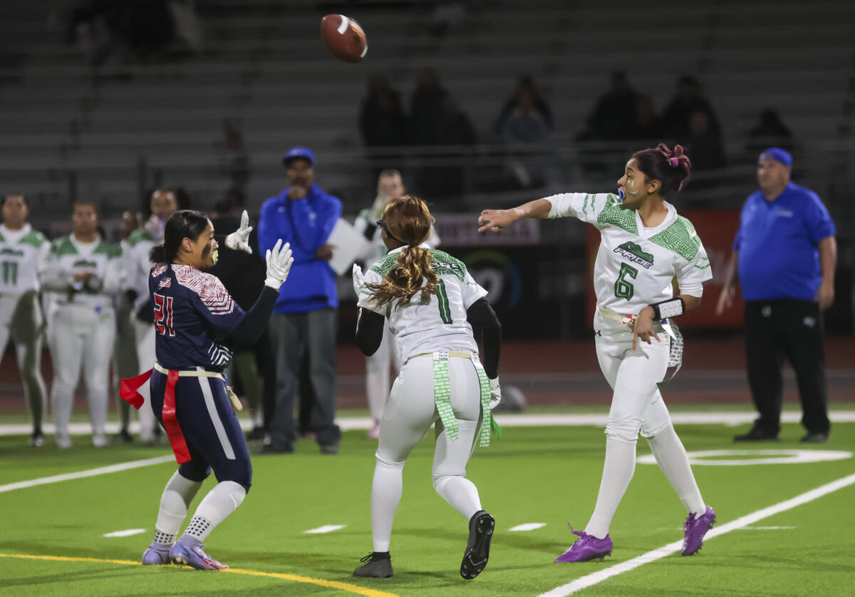 Green Valley's Daira Torres (6) throws a pass during a flag football game at Coronado High Scho ...