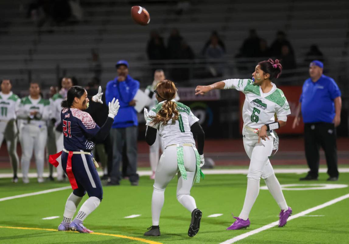 Green Valley's Daira Torres (6) throws a pass during a flag football game at Coronado High Scho ...