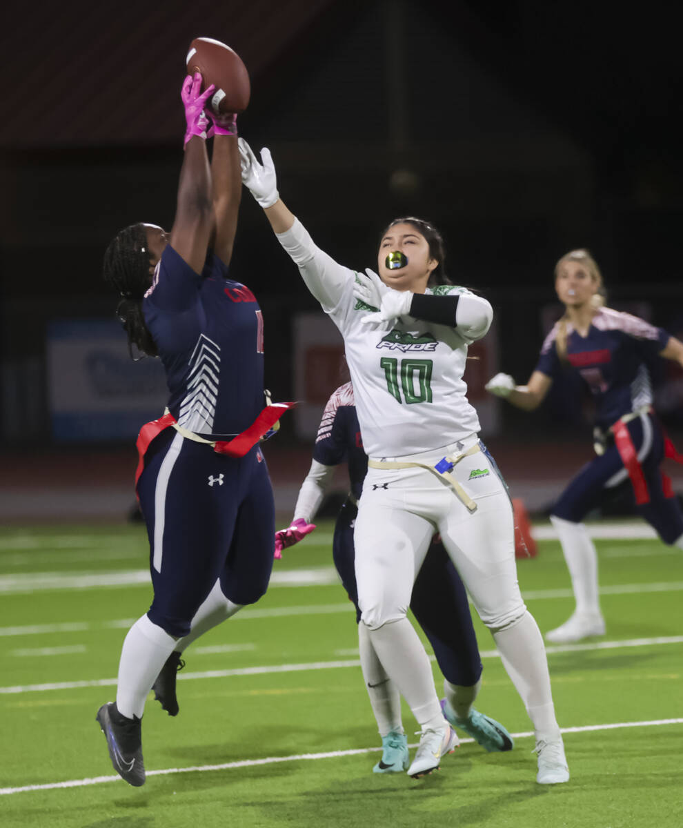 Coronado's Sykiya Tatum intercepts a pass intended for Green Valley's Natalie Monroy (10) durin ...