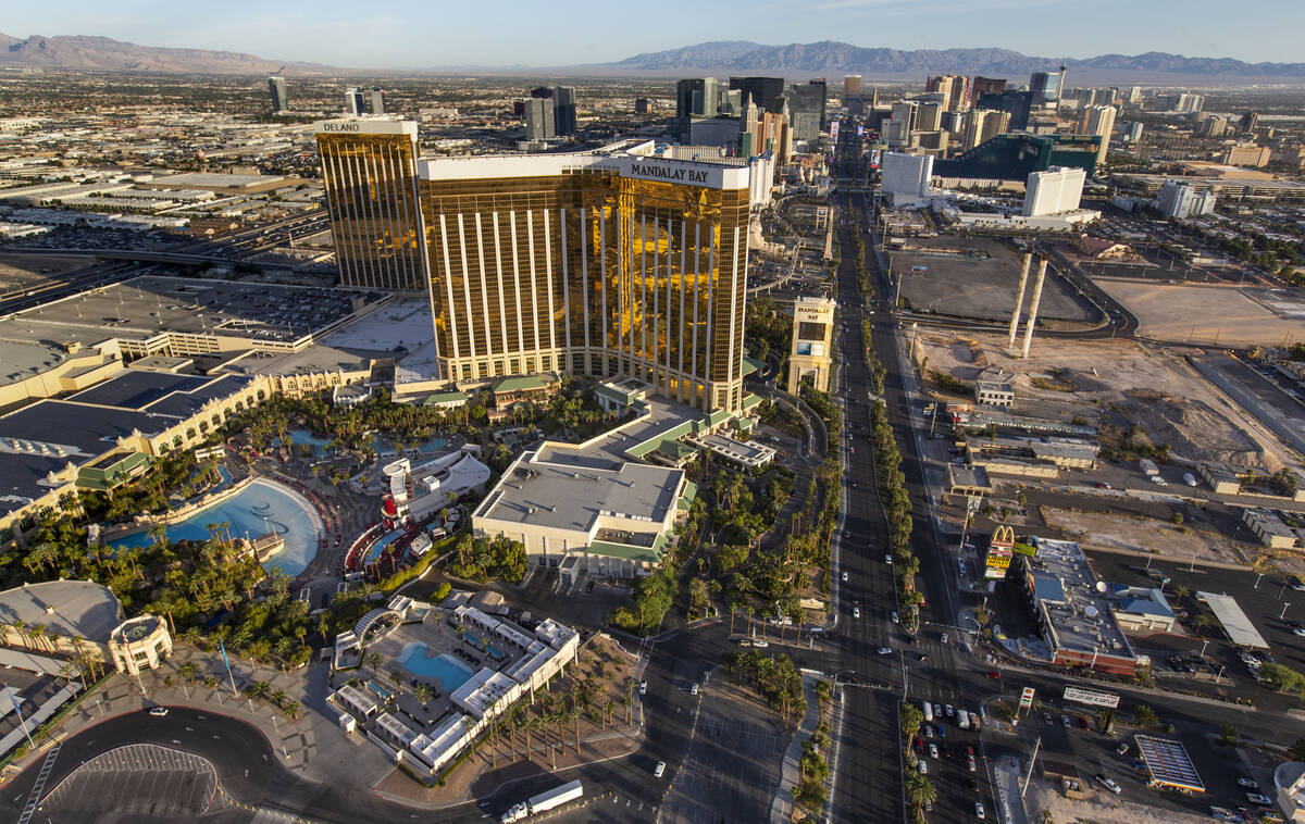 The pool area about the Mandalay Bay and Delano with Las Vegas Las Vegas Strip to the north dur ...