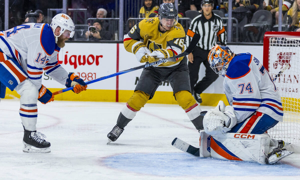 Golden Knights left wing Pavel Dorofeyev (16) takes shot on goal against Edmonton Oilers goalte ...