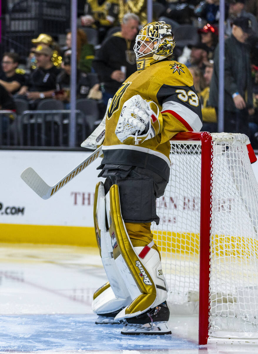 Golden Knights goaltender Adin Hill (33) kicks back on the net against the Edmonton Oilers duri ...