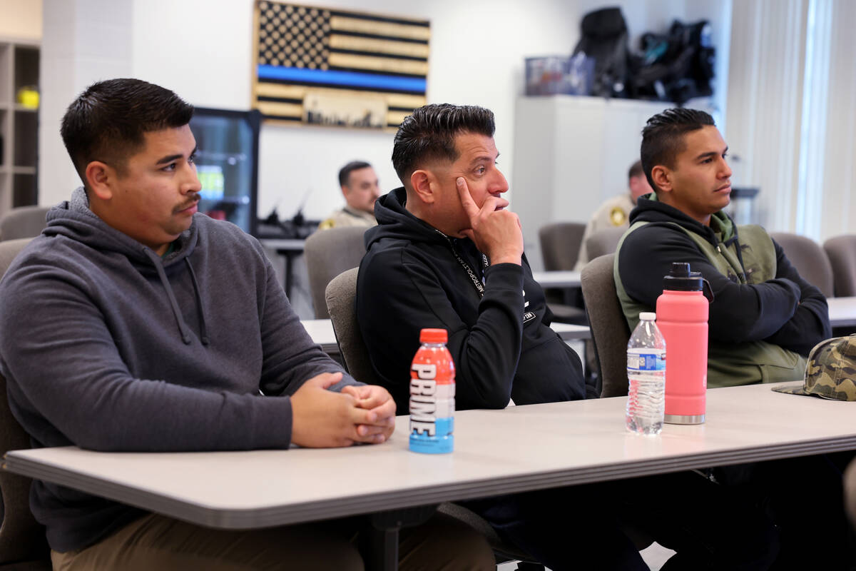 Las Vegas police officers listen during the Metropolitan Police Department First Tuesday event ...