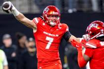 UNLV linebacker Jackson Woodard (7) celebrates after scooping a fumble and scoring a touchdown ...