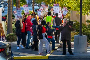 Culinary Local 226 workers on strike outside the garage off of E. Hard Rock at the Virgin Hotel ...