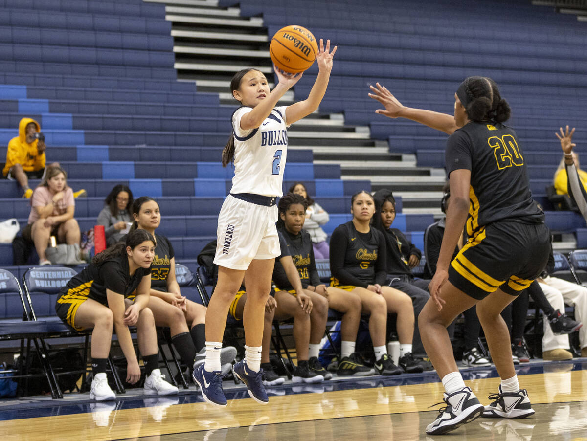 Centennial freshman Gunj Amarbold (2) attempts a three-point shot during the high school girls ...