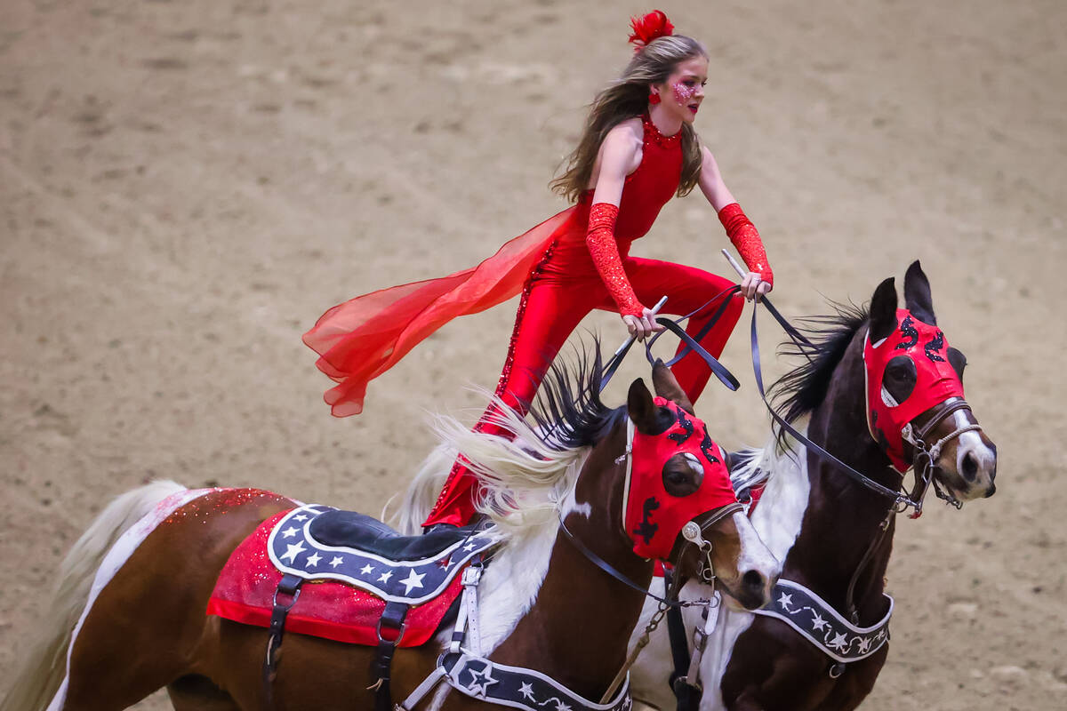 Liberty Cunningham, a trick rider, performs during the final day of the National Finals Breakaw ...