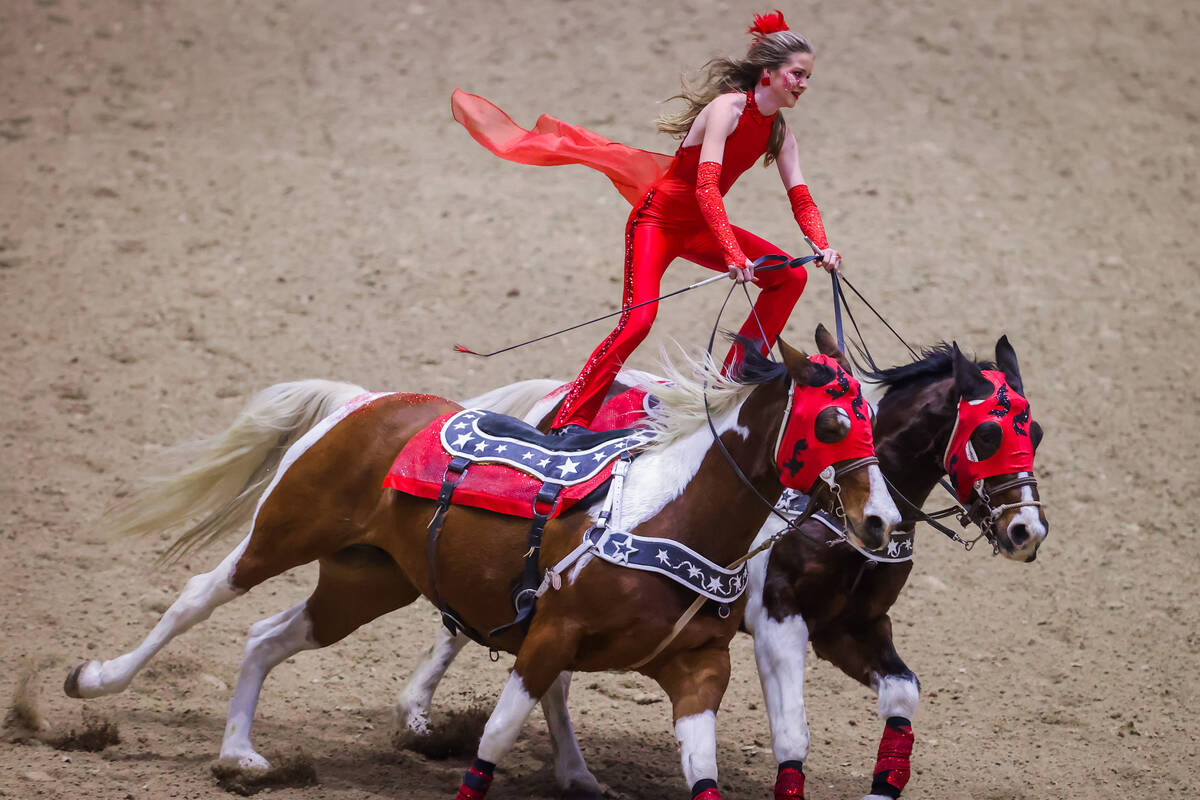 Liberty Cunningham, a trick rider, performs during the final day of the National Finals Breakaw ...