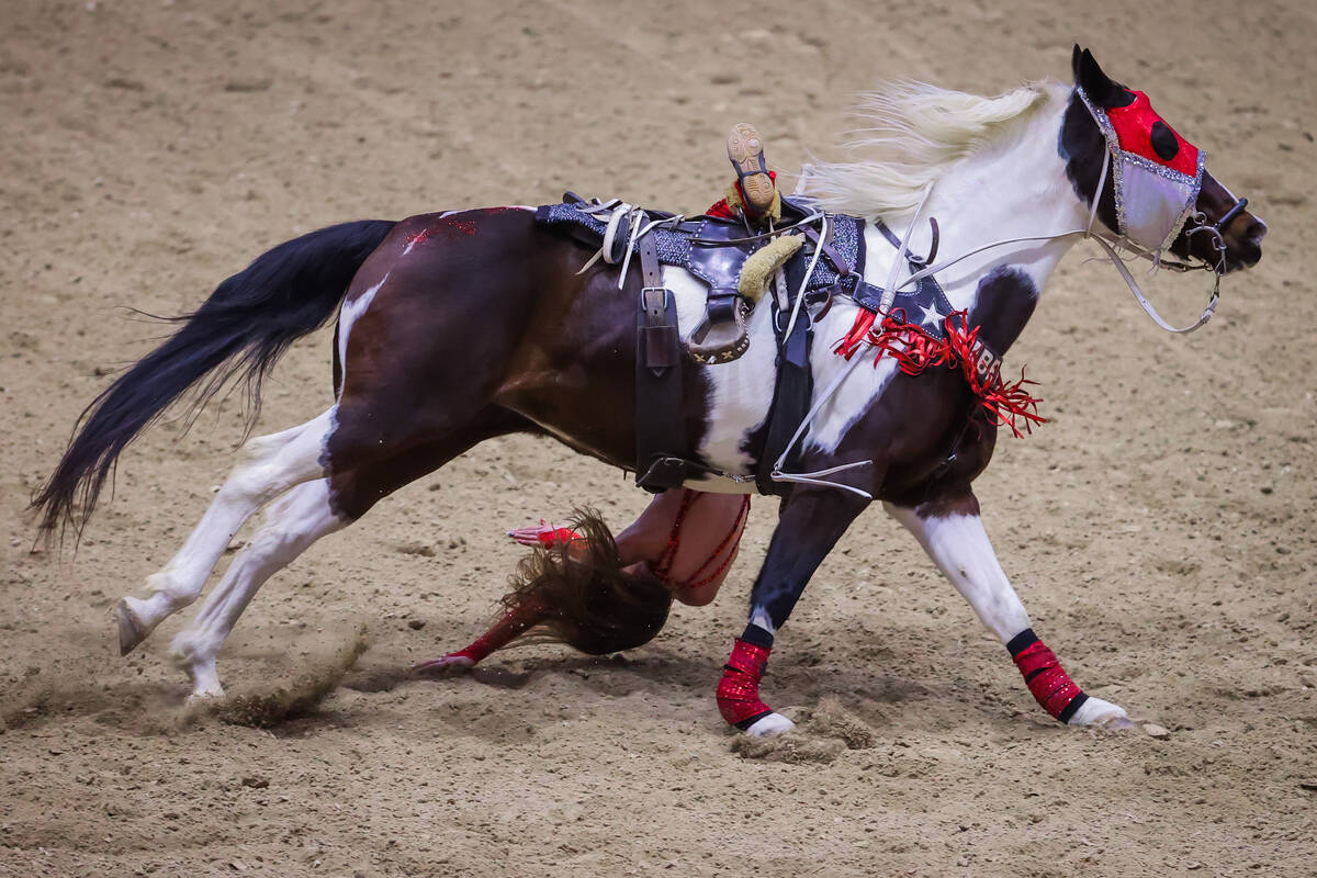 Liberty Cunningham, a trick rider, performs during the final day of the National Finals Breakaw ...