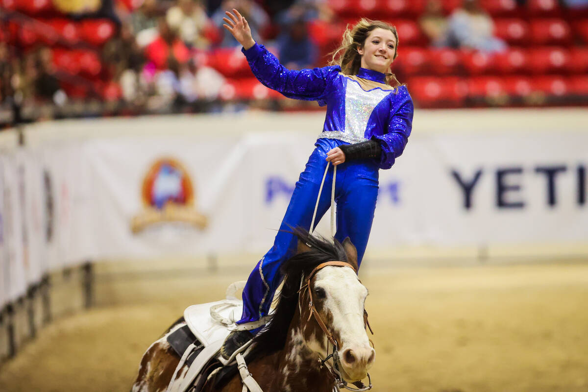 A trick rider performs during the final day of the National Finals Breakaway Roping event at So ...