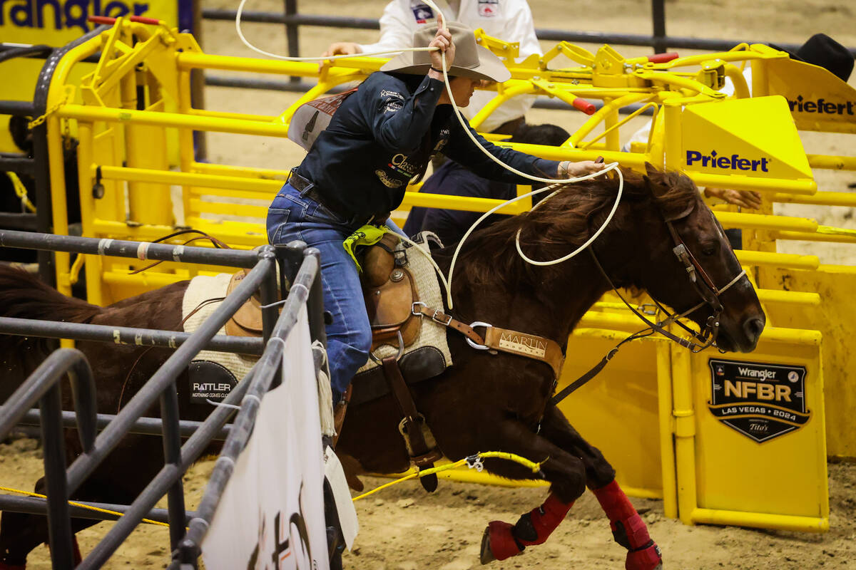 Kelsie Domer breaks out of the chute area during the final day of the National Finals Breakaway ...