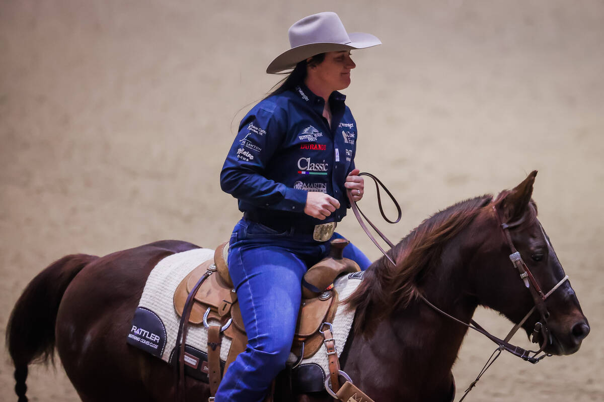 Kelsie Domer smiles during the final day of the National Finals Breakaway Roping event at South ...