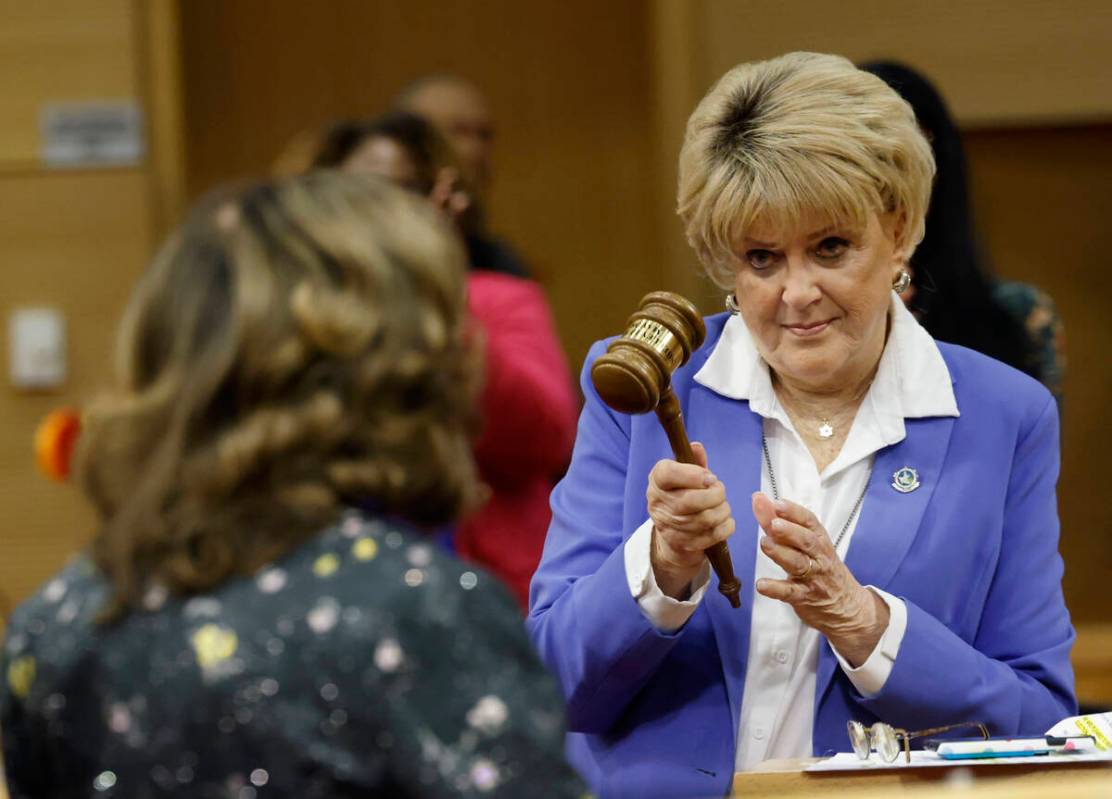 Mayor Shelley Berkley, left, receives the gavel from former mayor Carolyn Goodman after being s ...