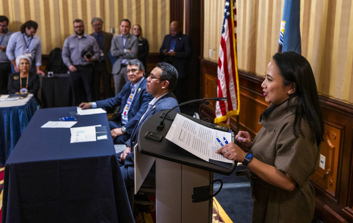 Camille Touton, current Bureau of Reclamation Commissioner, speaks during their ceremony to hig ...