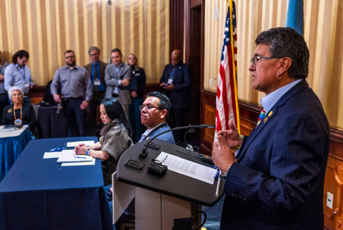 Ute Mountain Ute Chairman Manuel Heart speaks as the Bureau of Reclamation hosts a ceremony to ...