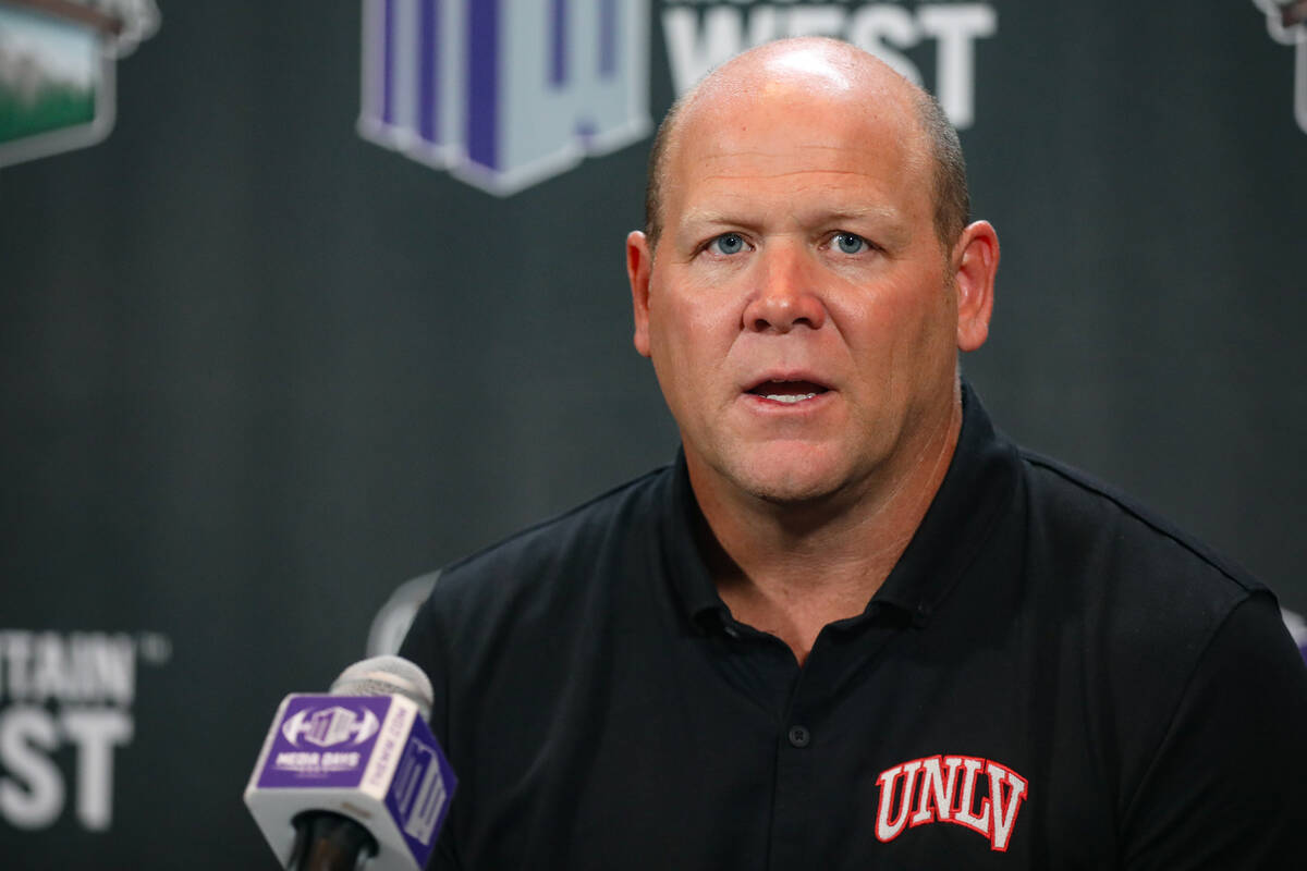 UNLV football coach Barry Odom addresses the media on the second day of the Mountain West Footb ...