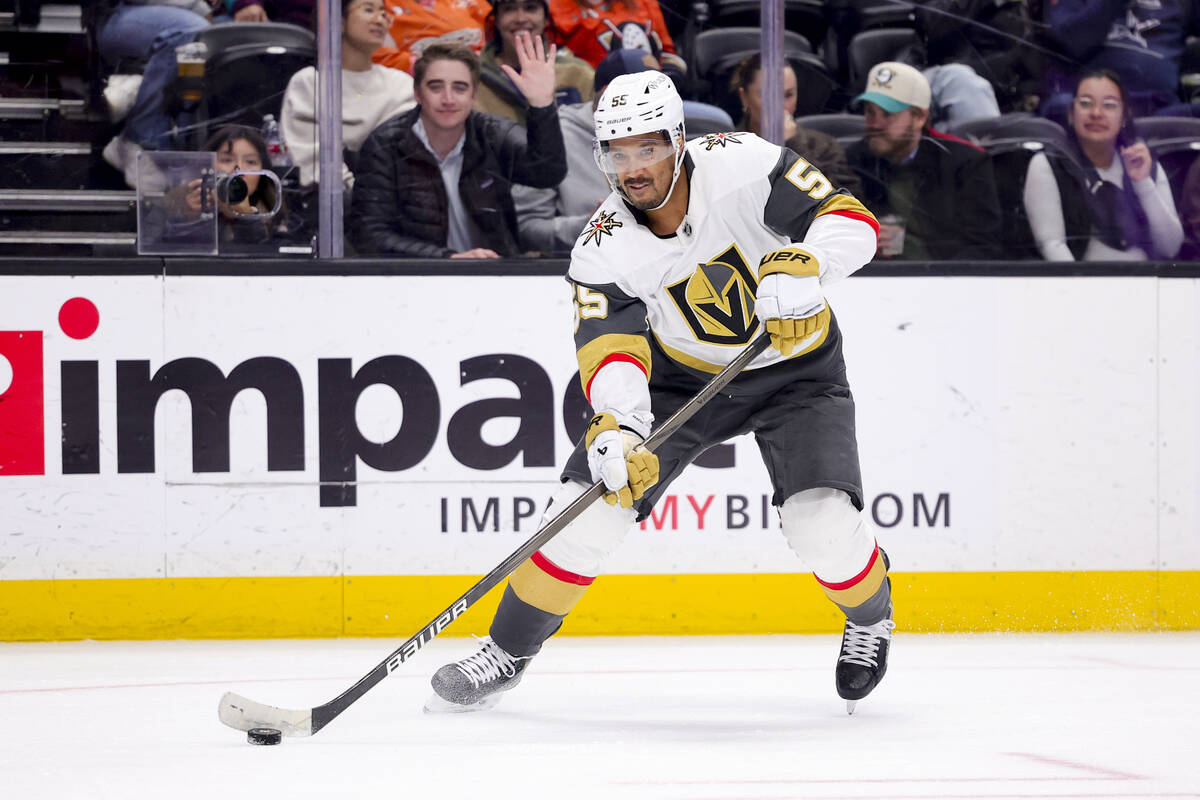 Vegas Golden Knights right wing Keegan Kolesar controls the puck during the second period of an ...