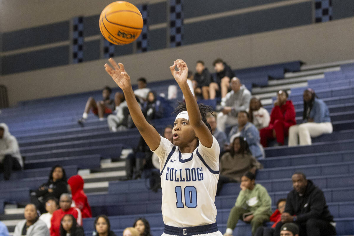 Centennial junior Sanai Branch (10) attempts a three-point shot during the high school girls ba ...