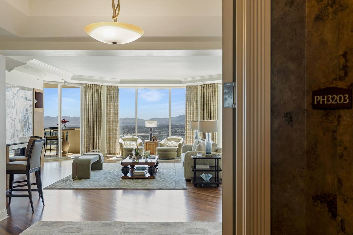 Three spacious balconies offer sweeping, unobstructed 320-degree views of the Las Vegas Strip, ...