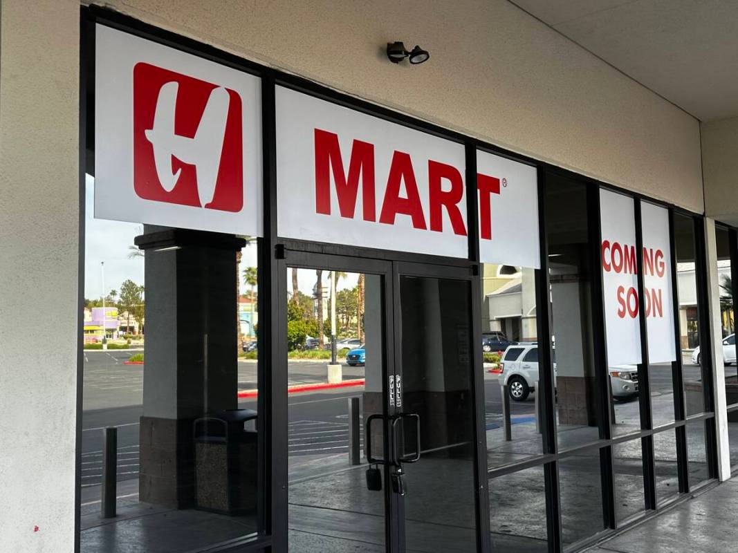 Exterior signs showing an H-Mart is set to open in Las Vegas near the intersection of Sahara Av ...