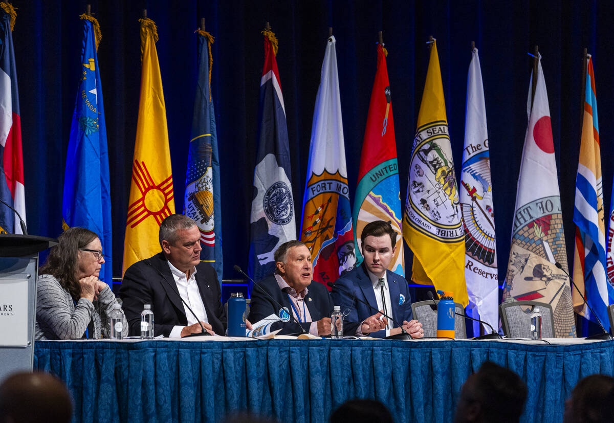 (From left) Moderator Jennifer Gimbel is joined by John Entsminger for Nevada, Tom Buschatzke o ...