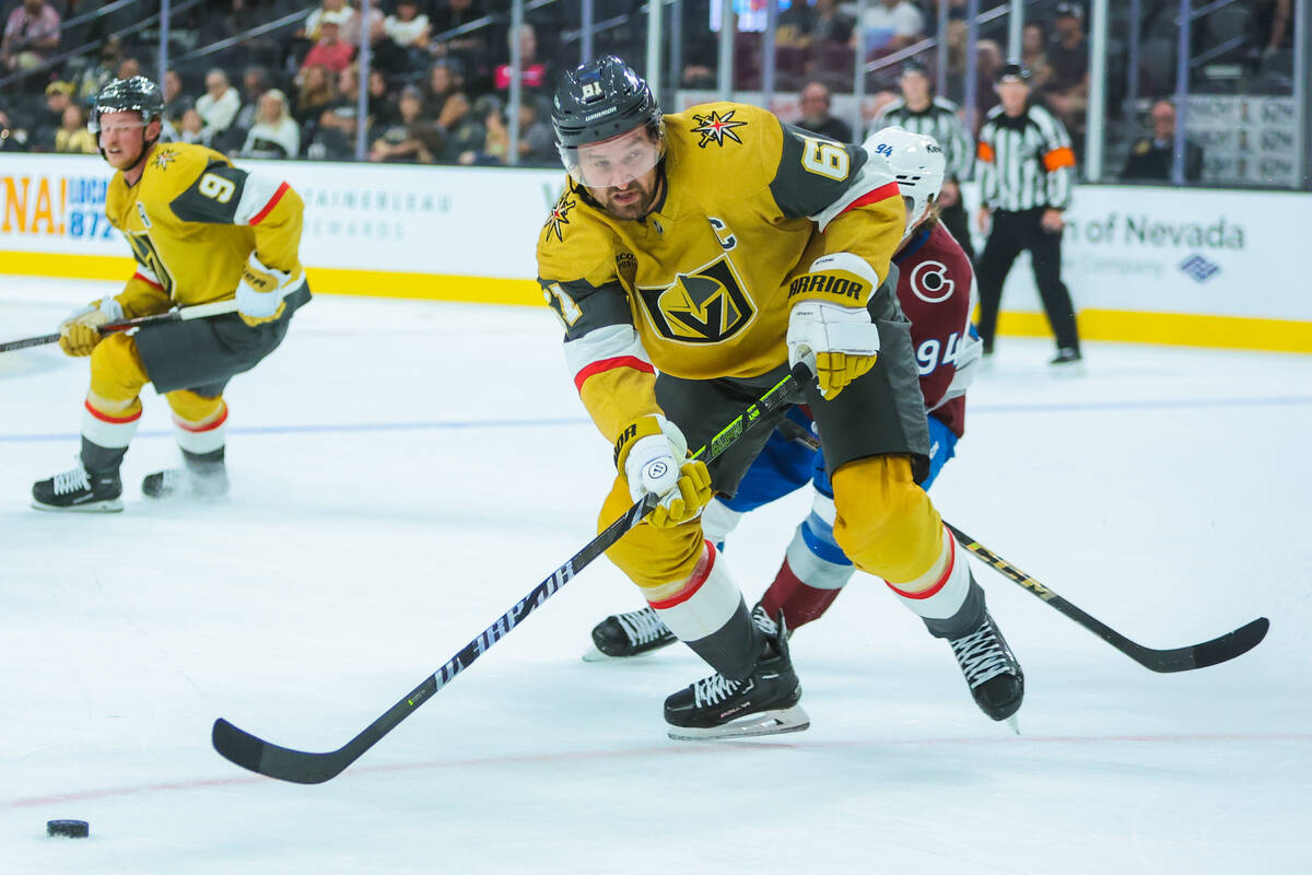 Golden Knights right wing Mark Stone (61) races towards the puck during the third period of a p ...