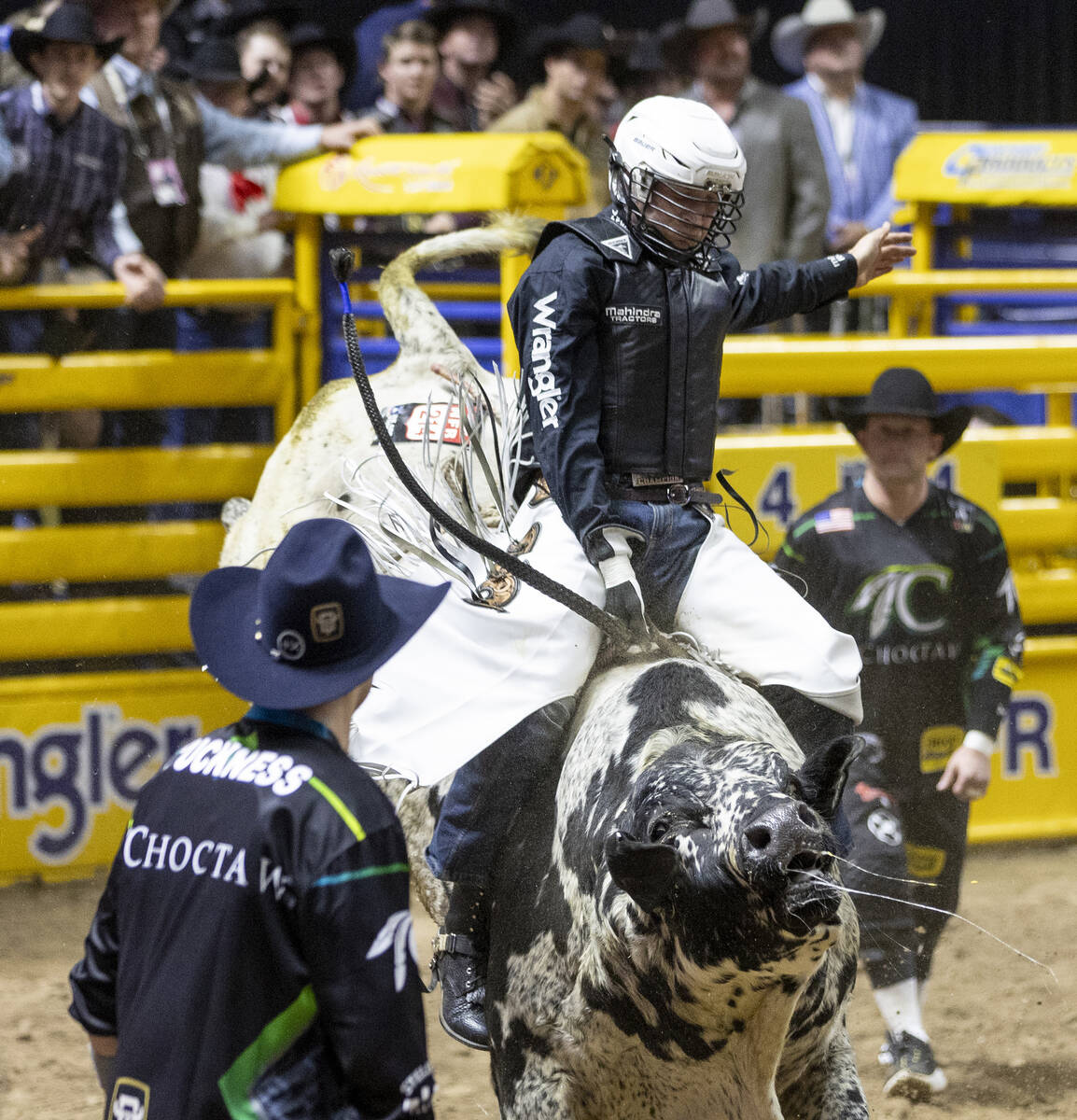 Trey Kimzey rides Cookies & Cream during the bull riding portion of the National Finals Rod ...