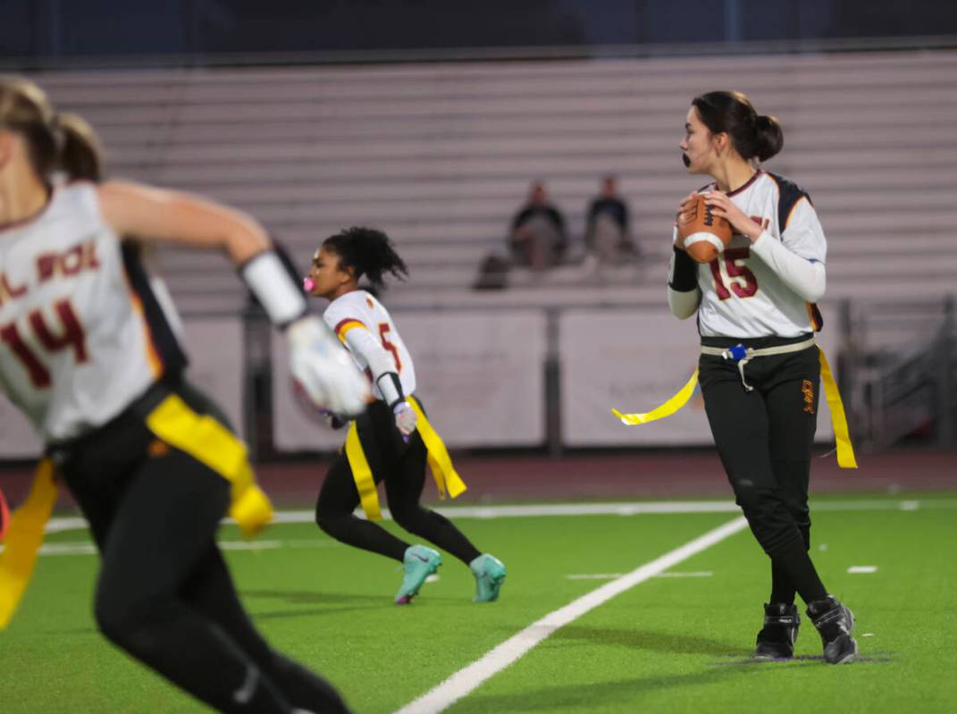 Del Sol’s Alyssa Ramirez (15) looks to throw a pass during a flag football game at Liber ...