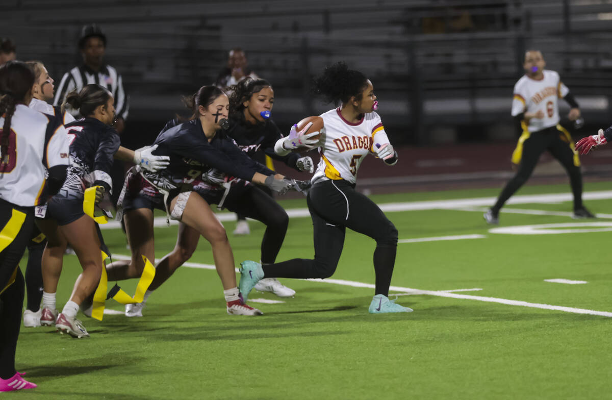 Del Sol’s Joselynn Carrington runs the ball during a flag football game at Liberty High ...