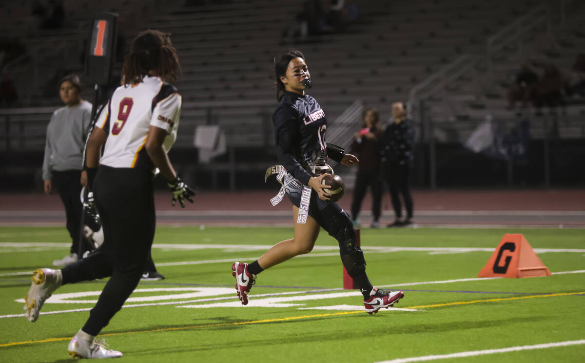 during a flag football game at Liberty High School on Thursday, Dec. 5, 2024, in Henderson. (Ch ...