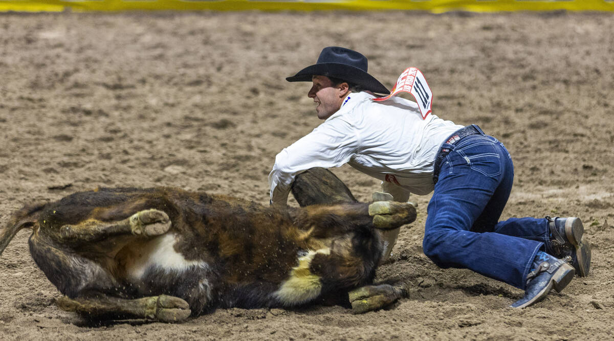 Steer wrestler Rowdy Parrott looks up from his steer to see his winning time during National Fi ...