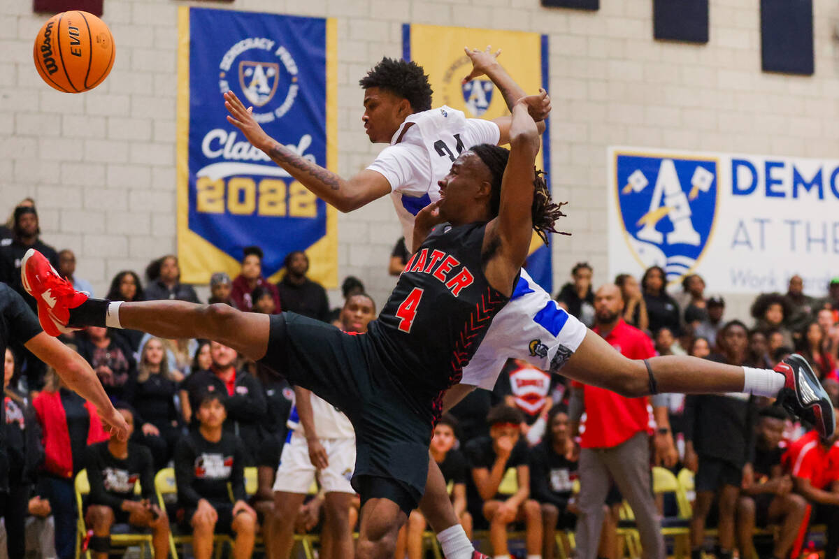 Democracy Prep forward Dion Parker (34) and Mater Academy point guard Miles Williams (4) get ta ...