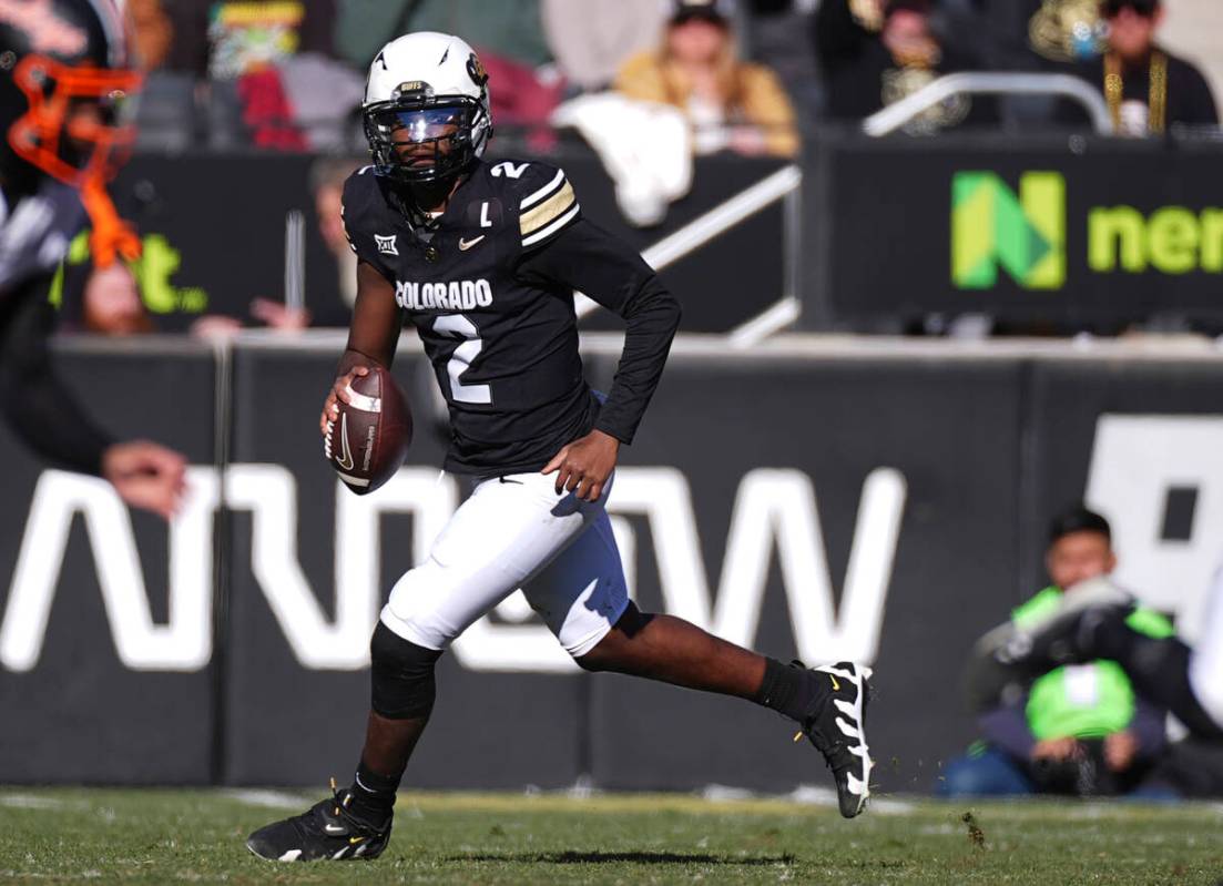 Colorado quarterback Shedeur Sanders (2) in the second half of an NCAA college football game ag ...