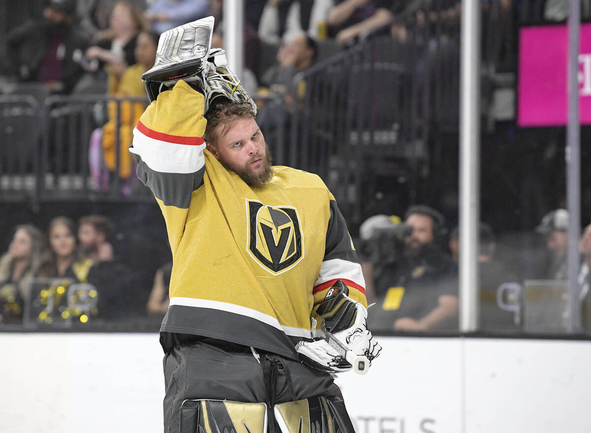 FILE - Vegas Golden Knights goaltender Robin Lehner puts his helmet on before the team's NHL ga ...