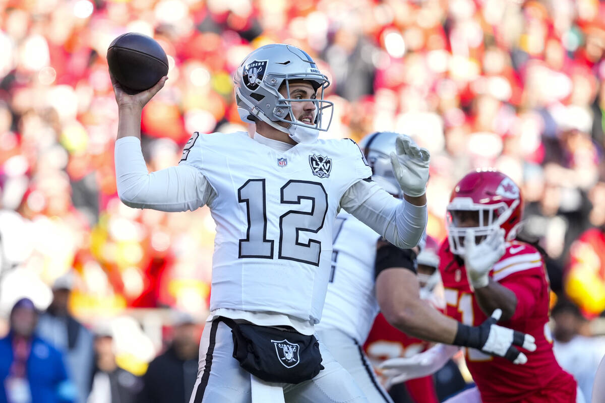 Las Vegas Raiders quarterback Aidan O'Connell (12) throws against the Kansas City Chiefs during ...