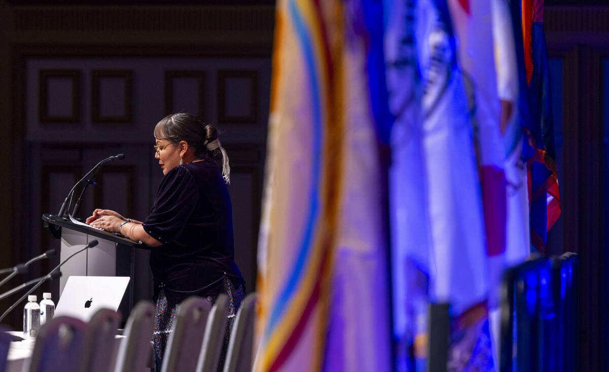 Crystalyne Curly of the 25th Navajo Nation Council offers a Tribal prayer at the welcome for at ...