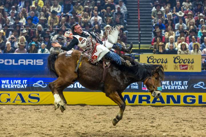 Tim O'Connell rides Bill Fick Top Notch in Bareback Riding during the final day action of the N ...