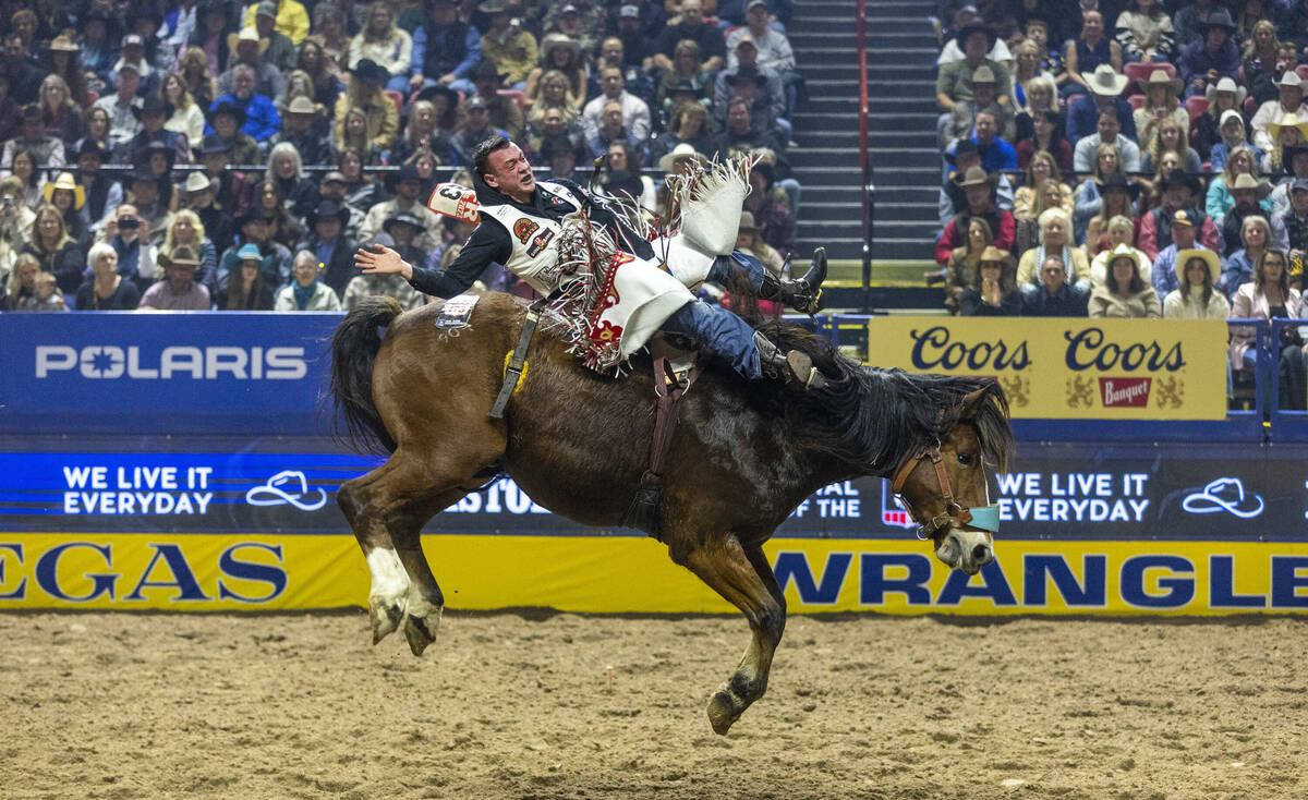 Tim O'Connell rides Bill Fick Top Notch in Bareback Riding during the final day action of the N ...