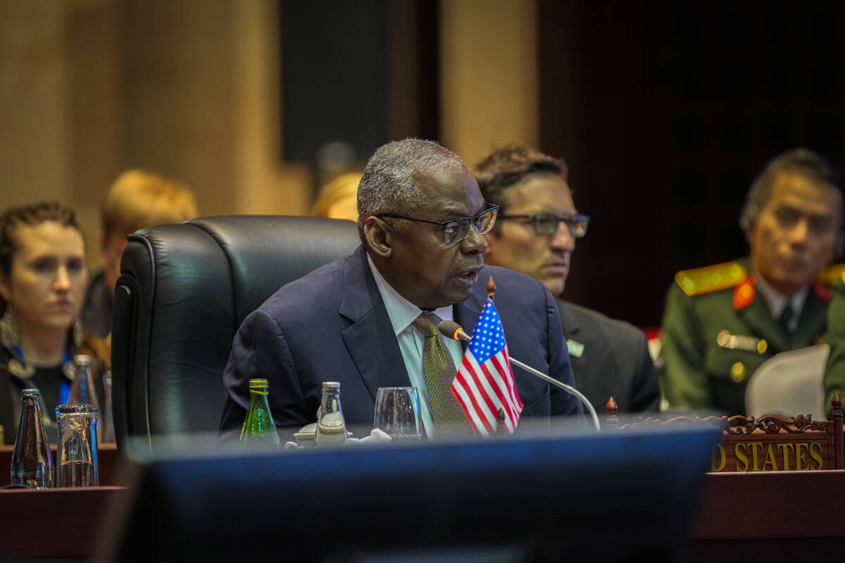 US Defence Secretary Lloyd Austin speaks during the ASEAN Defence Ministers' Meeting in Vientia ...