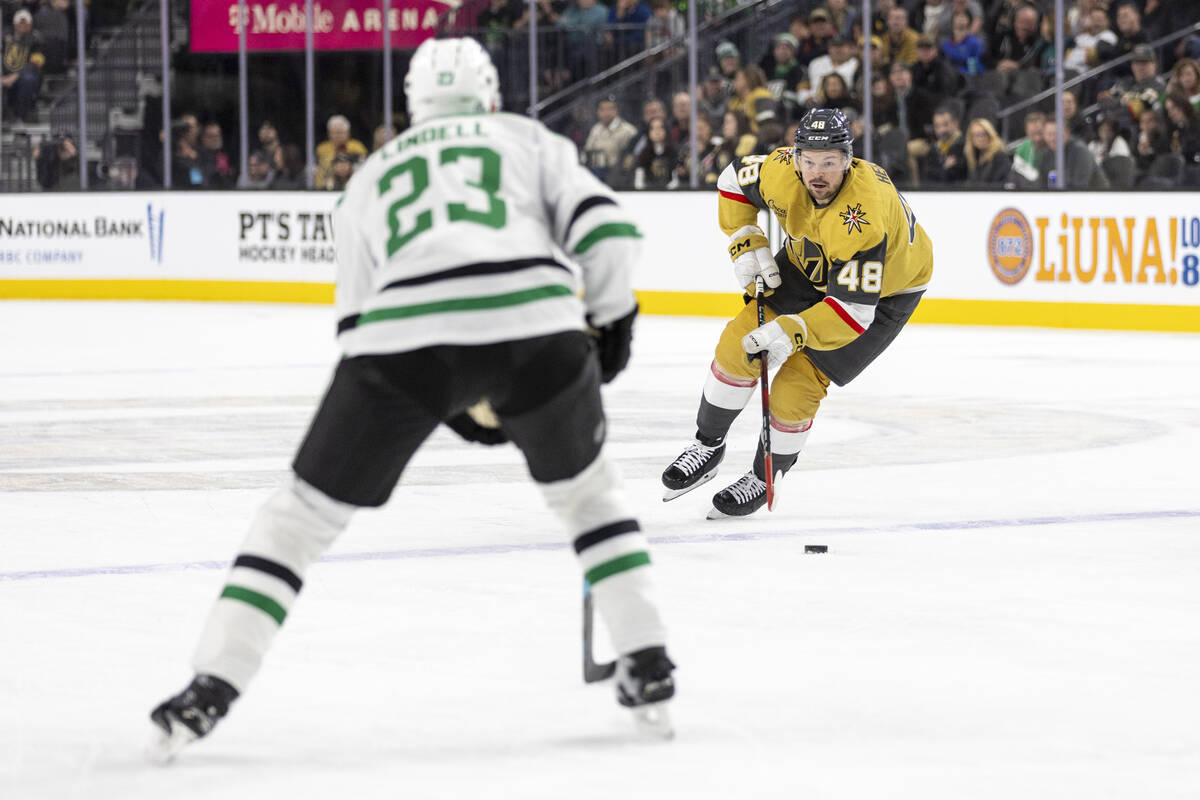 Golden Knights center Tomas Hertl (48) controls the puck during the first period of the NHL hoc ...