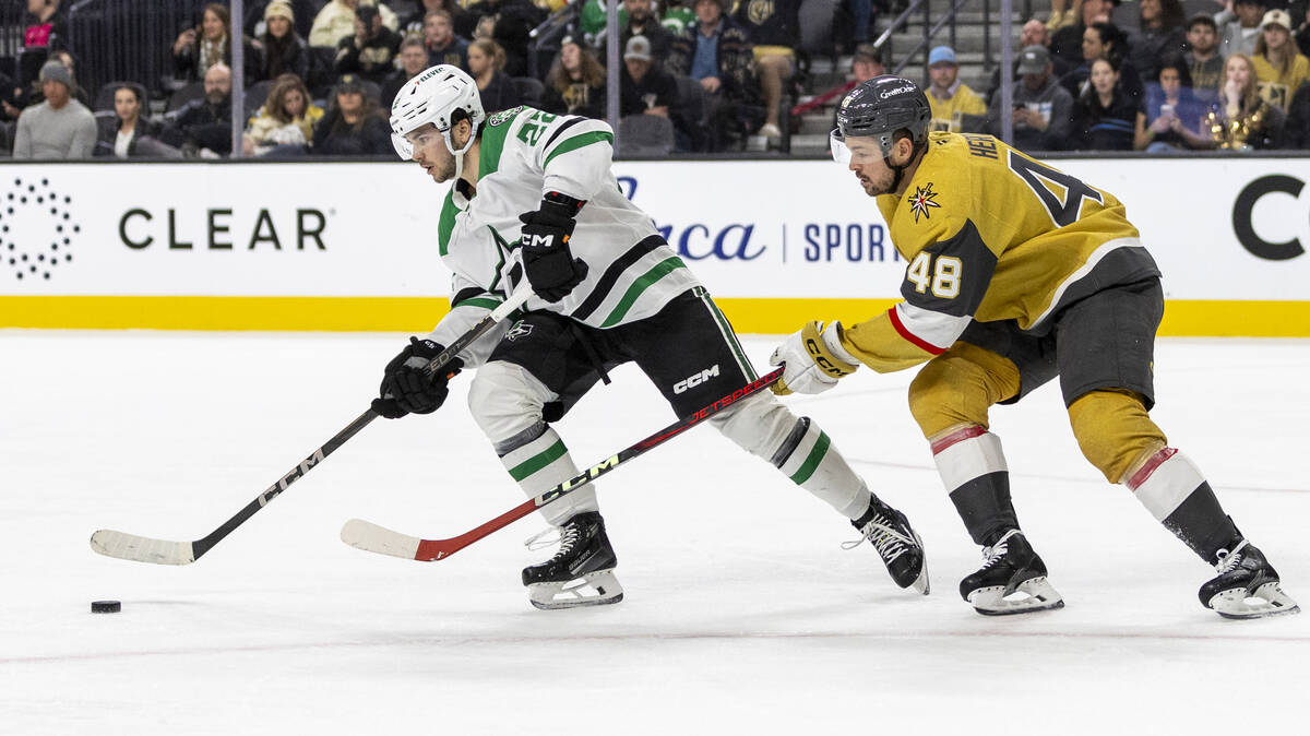 Golden Knights center Tomas Hertl (48) chases Dallas Stars center Mavrik Bourque (22) during th ...